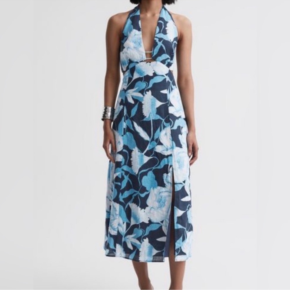 Reiss Kaia Linen Halter‎ Neck Midi Dress Size 8 Black Blue Keyhole Vacation
